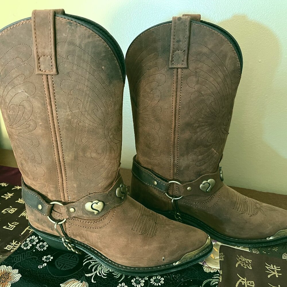 Masterson Boot Co Distressed Brown Leather Heart Harness Cowboy Boots Sz 7